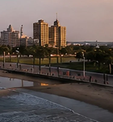 Durban beachfront and city skyline at golden hour